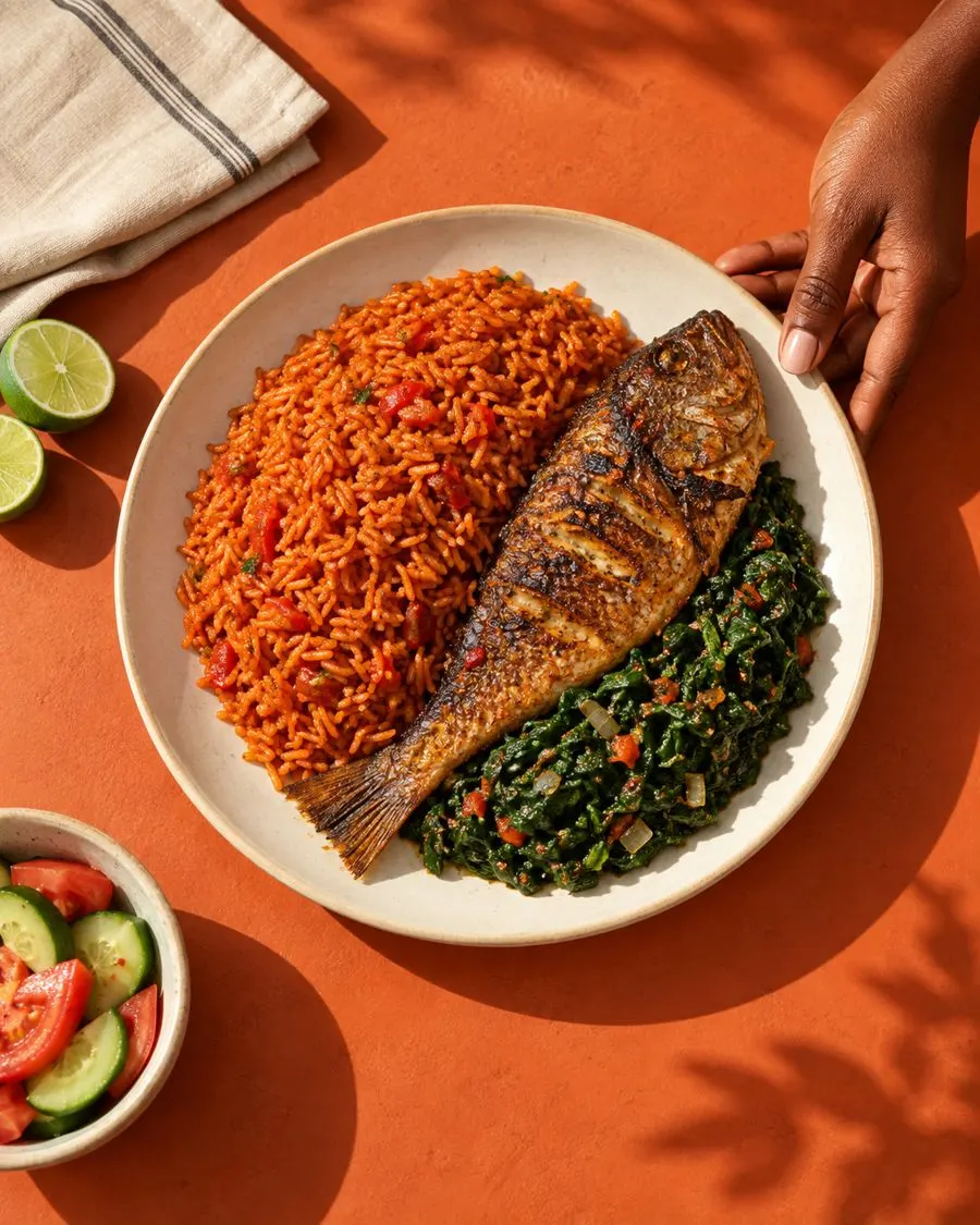 Jollof rice with grilled fish and efo, served on a cream plate