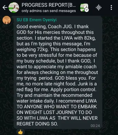 A member's WhatsApp message, shared as originally written. Phone numbers are blurred.