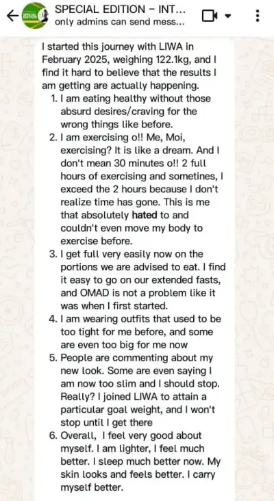 A member's WhatsApp message, shared as originally written. Phone numbers are blurred.
