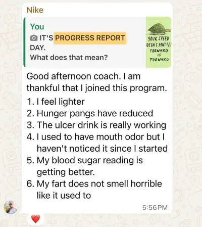 A member's WhatsApp message, shared as originally written. Phone numbers are blurred.