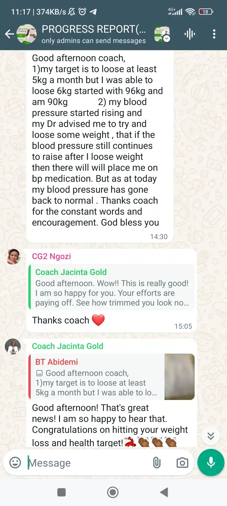 A member's WhatsApp message, shared as originally written. Phone numbers are blurred.
