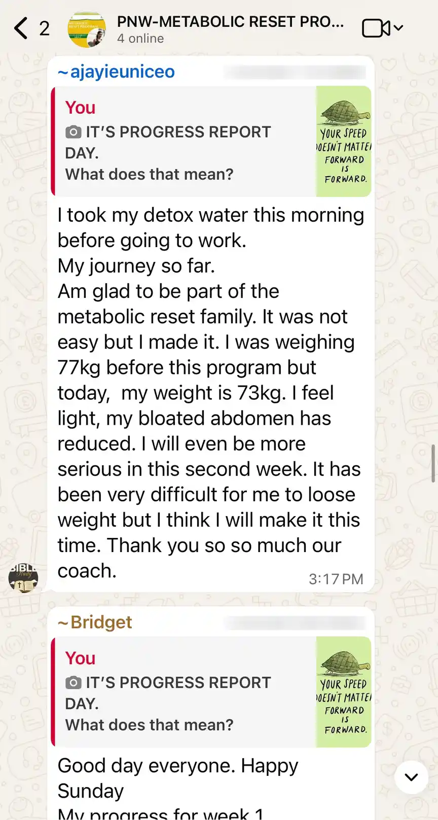 A member's WhatsApp message, shared as originally written. Phone numbers are blurred.