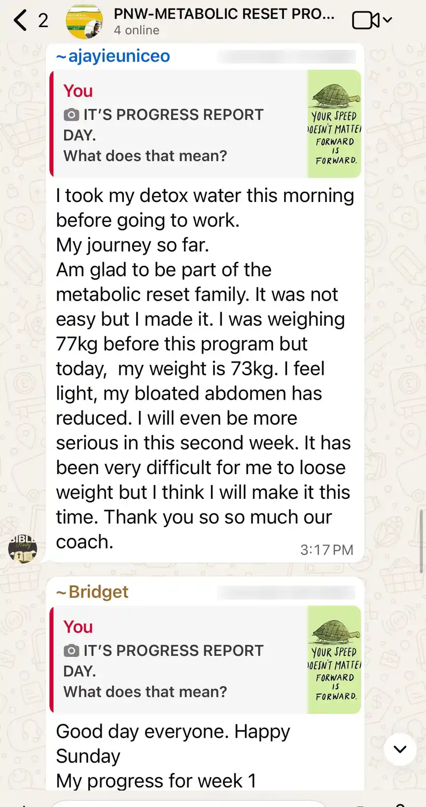 A member's WhatsApp message, shared as originally written. Phone numbers are blurred.