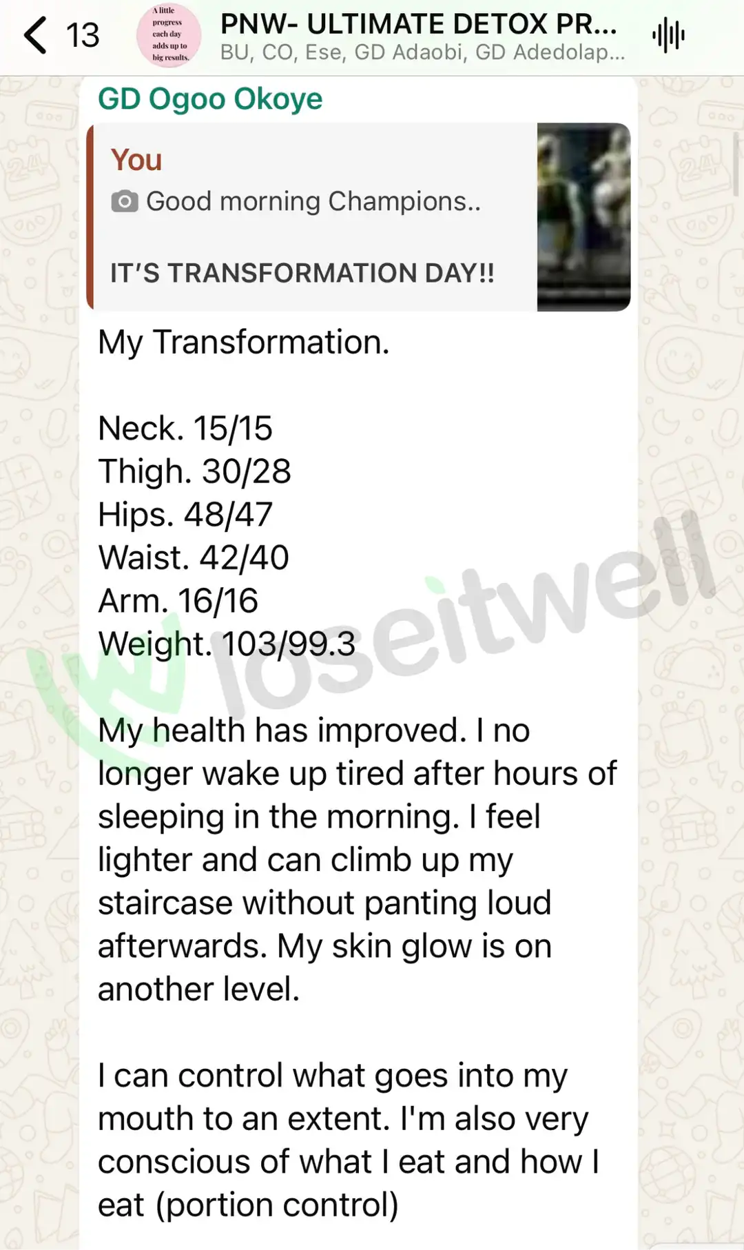 A member's WhatsApp message, shared as originally written. Phone numbers are blurred.