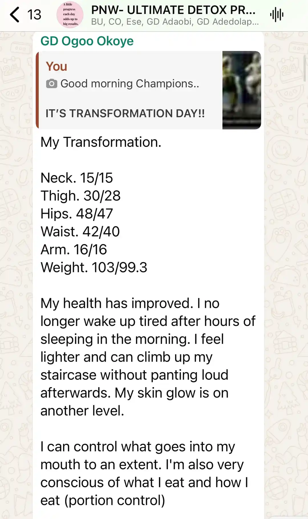 A member's WhatsApp message, shared as originally written. Phone numbers are blurred.