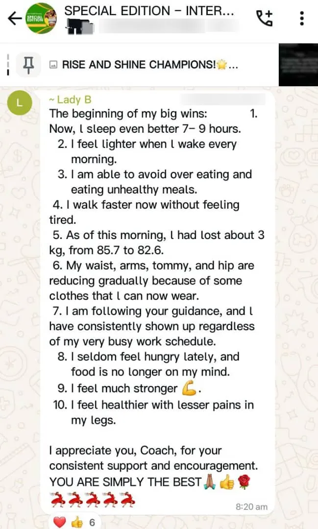 A member's WhatsApp message, shared as originally written. Phone numbers are blurred.
