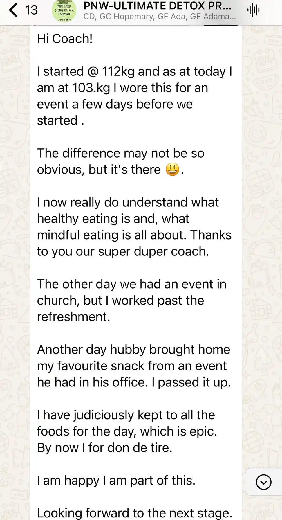 A member's WhatsApp message, shared as originally written. Phone numbers are blurred.
