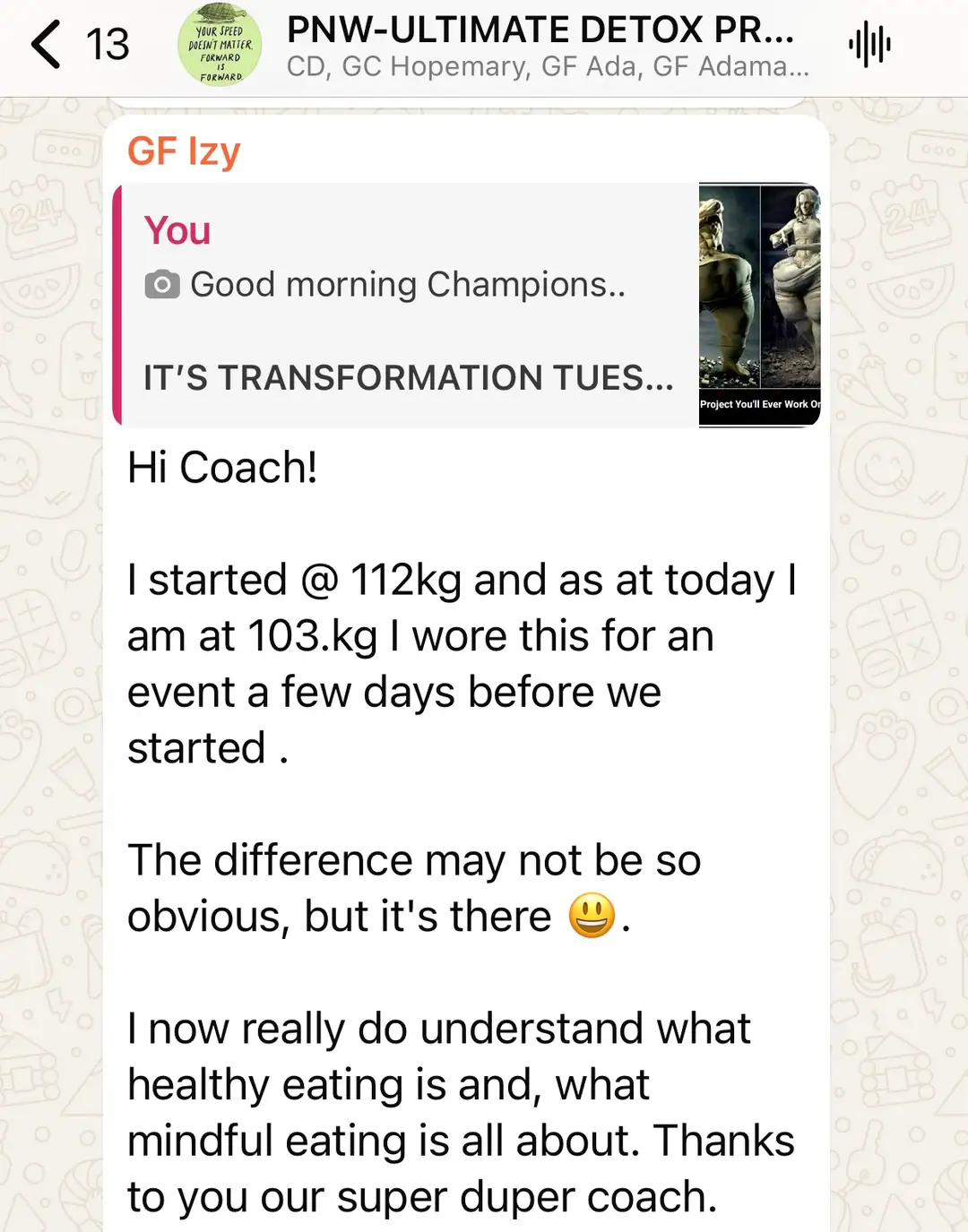 A member's WhatsApp message, shared as originally written. Phone numbers are blurred.