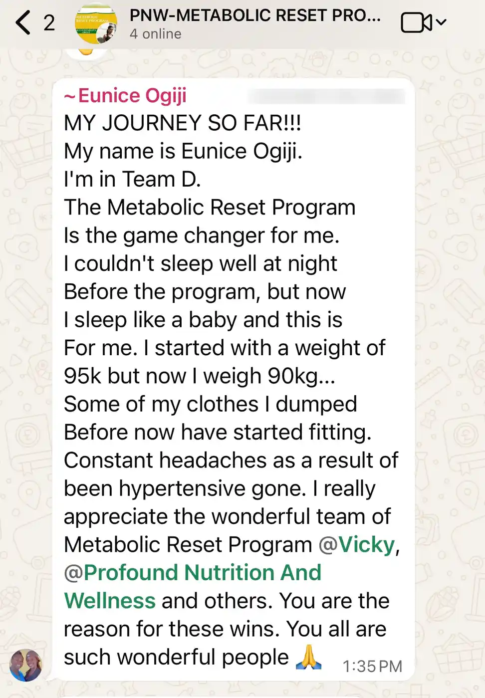 A member's WhatsApp message, shared as originally written. Phone numbers are blurred.