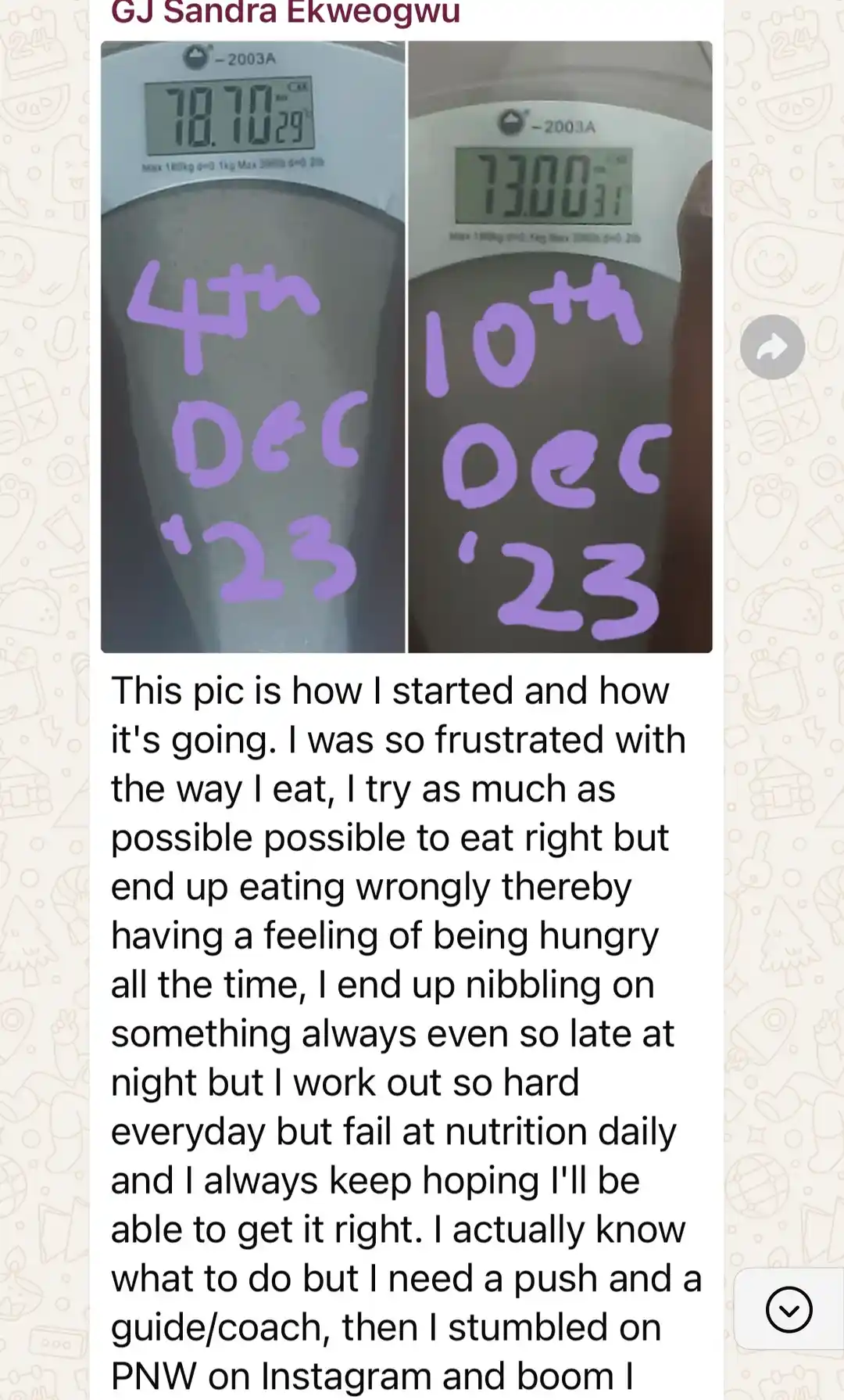 A member's WhatsApp message, shared as originally written. Phone numbers are blurred.