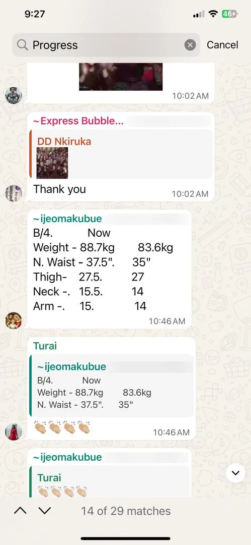 A member's WhatsApp message, shared as originally written. Phone numbers are blurred.
