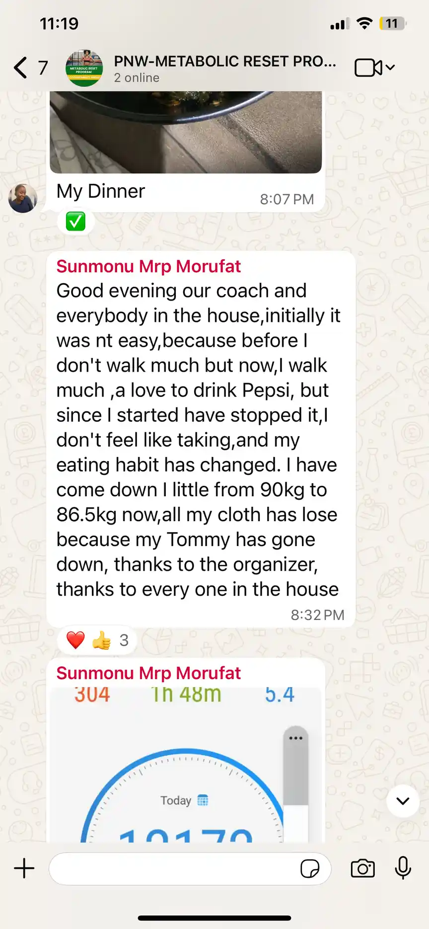 A member's WhatsApp message, shared as originally written. Phone numbers are blurred.