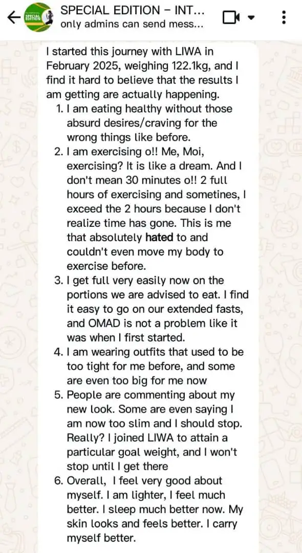 A member's WhatsApp message, shared as originally written. Phone numbers are blurred.