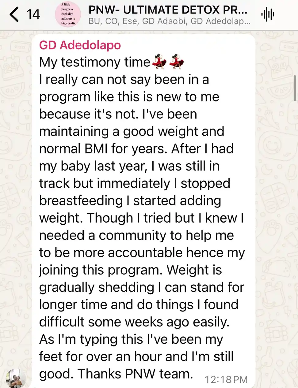 A member's WhatsApp message, shared as originally written. Phone numbers are blurred.